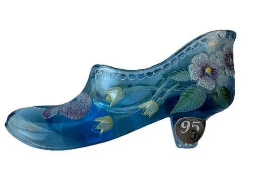 FENTON 95th Anniversary Hand Painted Blue Glass Flower Slipper Signed