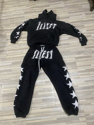 Illest Men's Star Pattern Hoodie & Track Pants Tracksuit Set Black Size S