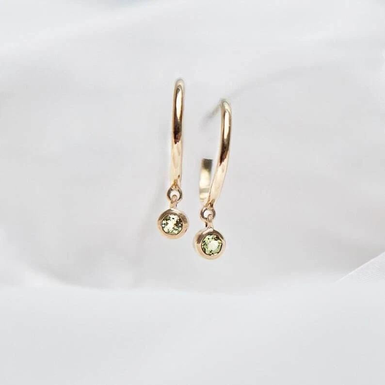 Natural Peridot Gemstone Dainty Hoops Earrings 18k Solid Gold Earrings F602 - Image 2 of 4