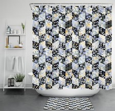 Black and White Geometric Blue Floral Shower Curtain Bathroom Accessories Set
