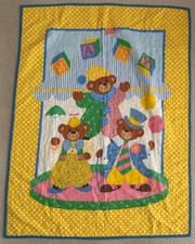 Circus Clown Bears Baby Quilt Blanket Handmade 33 1/2" x 44" Yellow Blue