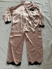 Vintage Victorias Secret Pajama Set XL Pink Black Lace Pants Shirt Satin PJs PJ