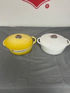 Lot of 2 Le Creuset Cooking Dishes with Lids 1 Yellow 1 White