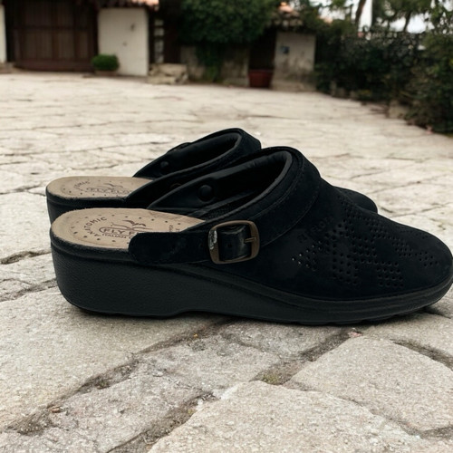 Fly Flot Mule Clogs Womens Slip On Shoes Black Leather Size 39 / 8.5 US