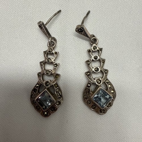 Estate Vintage Long Sterling Silver Bright Blue Topaz Dangle Pierced Earrings - Bild 6 von 6