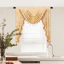 Damask Golden Jacquard Single Swag Waterfall Valance for Kitchen Living Room ...