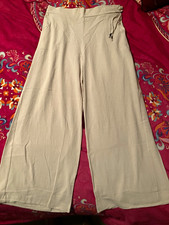 NEW Women s Beige Linen Wide-Leg Cropped Pants w/Elastic Waist, Side-Tie Size M
