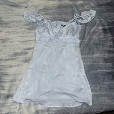 WILD FABLE Mini blue Ruffle Dress Fabric Rose, Ruched Straps  Bows SMALL NWT