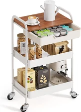 3-Tier Metal Utility Rolling Cart with Drawer & Wooden Table Top, Storage Cart W