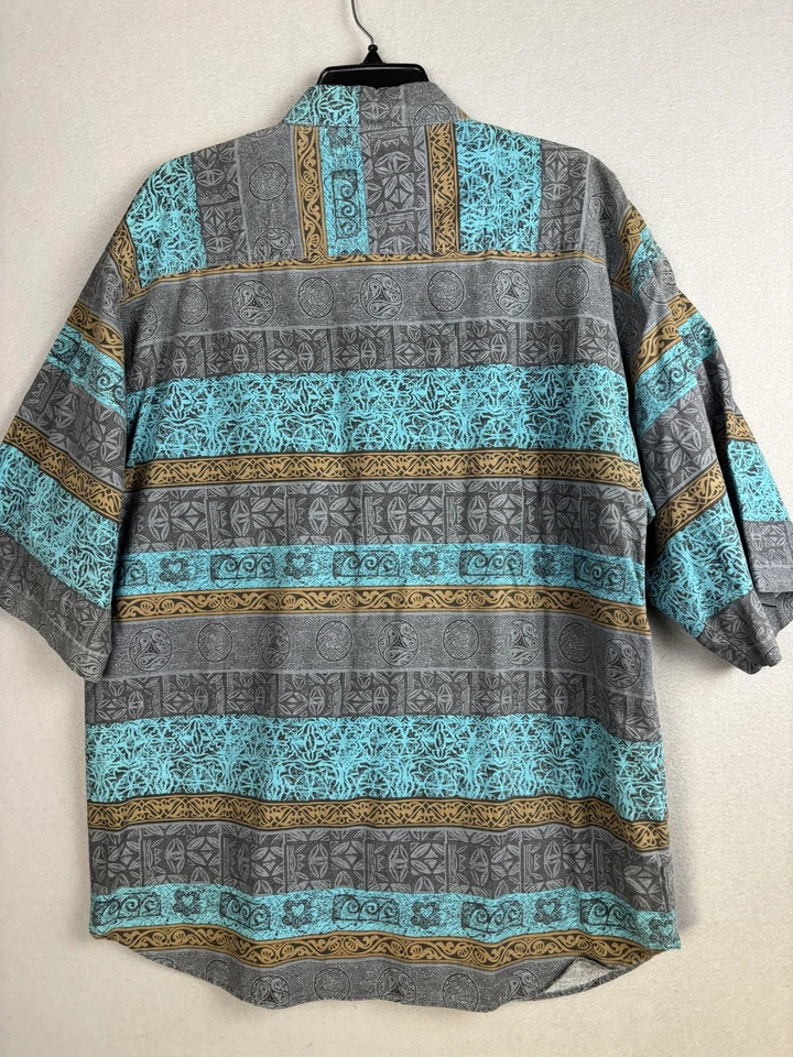 Ocean Pacific Shirt Mens Large Gray Teal Aloha Hawaiian Tribal Short Sleeve OP - Image 3 of 4