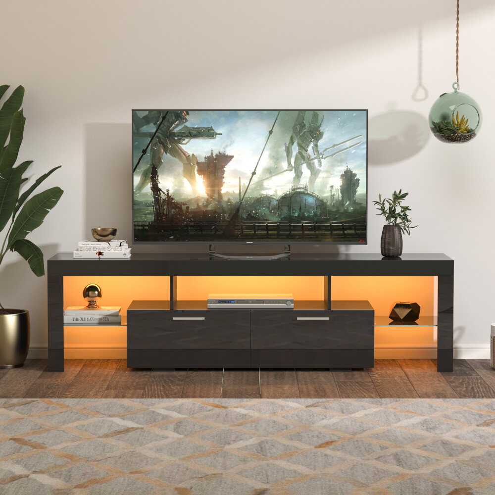 With Led Light Belt, Toughened Glass Shelf, Black Media Cons