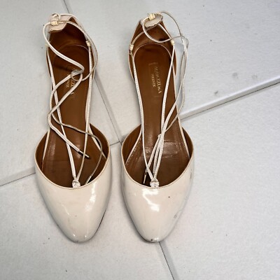 Aquazzura Firenze Women's Ballet Flats Sz 6.5 White Patent Leather Lace-Up Shoes