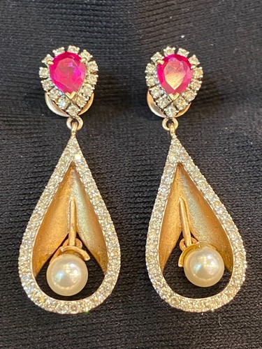 Pave 2.92 Cts Round Brilliant Cut Diamonds Ruby Pearl Dangle Earrings 14K Gold - Picture 9 of 12