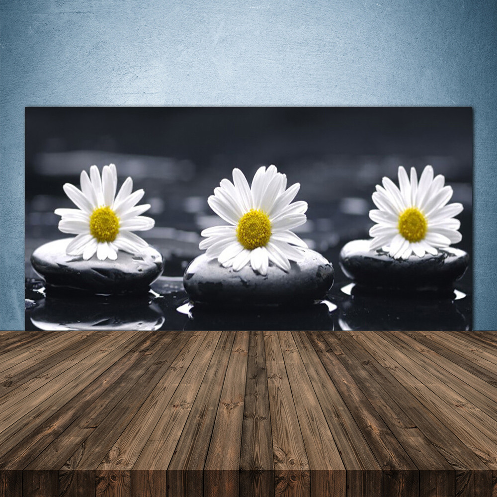 Crédence de cuisine en verre panneau 140x70 floral fond de hotte marguerite gris