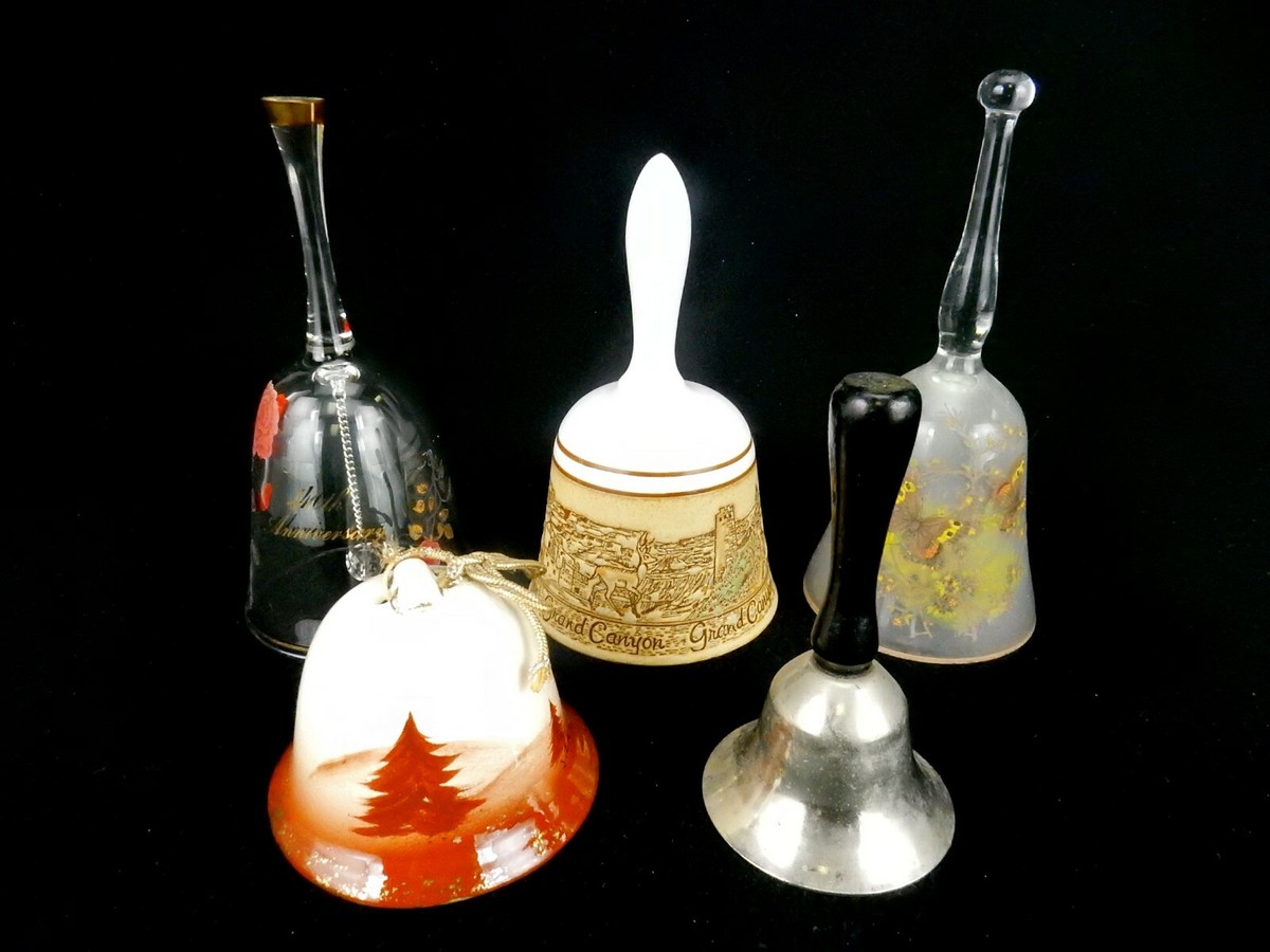 Random Lot of 5 Vintage Collector Bells, Porcelain, Glass & Metal