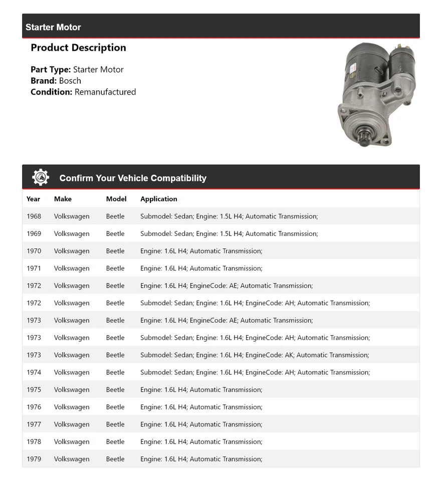 Arranque para Volkswagen Beetle Bosch 1968-1979 (remanufacturado) 1969 1970 1971 Foto 2 de 4