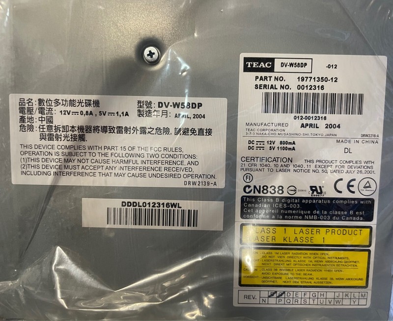Pioneer DVR-520h with DVR-107-XA Drive is replaced w/ Teac DV-W58DP DVD-R drive