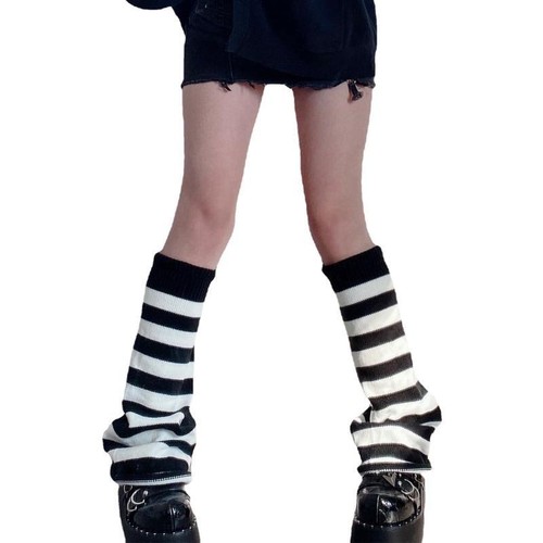 Damen Gothic Rippstrick Stulpen Colorblock gestreift Schlag Fußbedeckung Socken - Bild 13 von 16