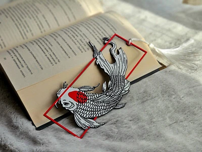 Koi Fish Bookmark – Japanese Style Tassel Bookmark – Red & White Design – Gift