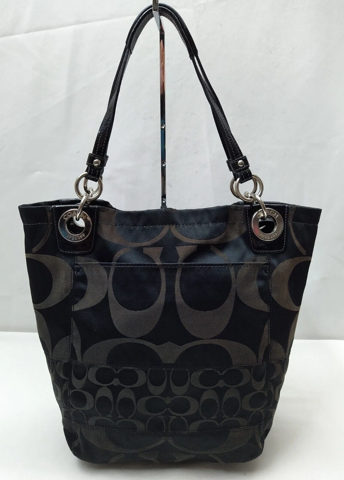 Borsa a tracolla Coach Alex Signature tela nera doppie mani con cerniera secchio tote