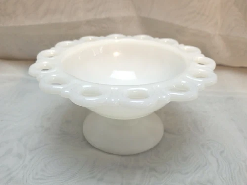 Vintage Anchor Hocking Old Colony Lace Edge Milk Glass Pedestal Compote/Candy