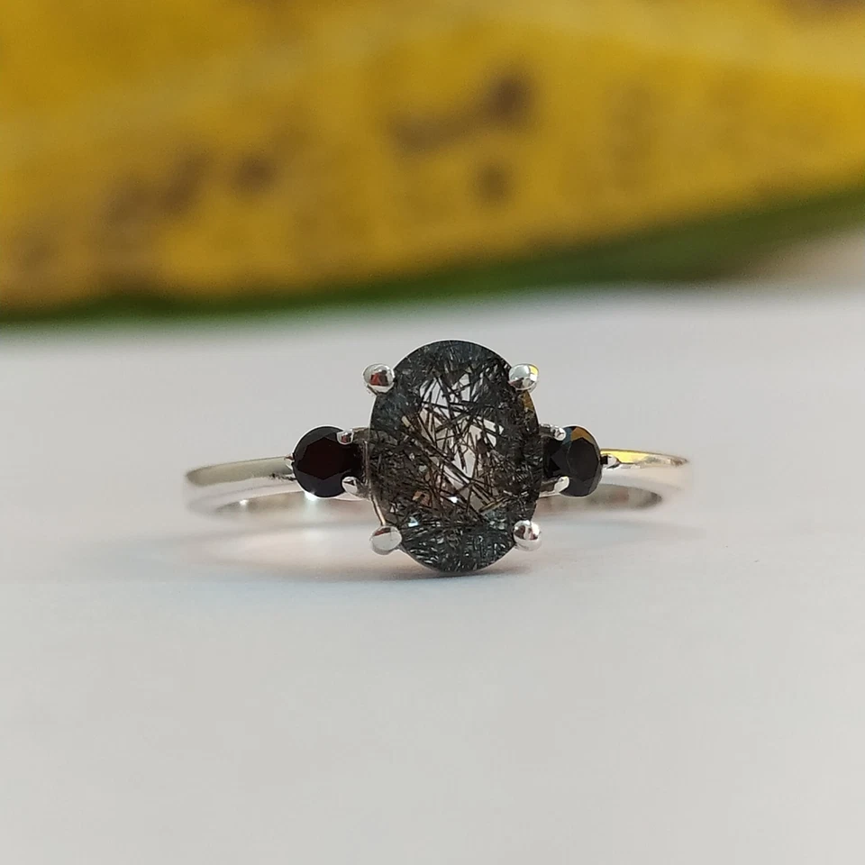 Anillo de aniversario de cuarzo rutilo negro natural anillo de plata de ley maciza 925 Foto 3 de 4