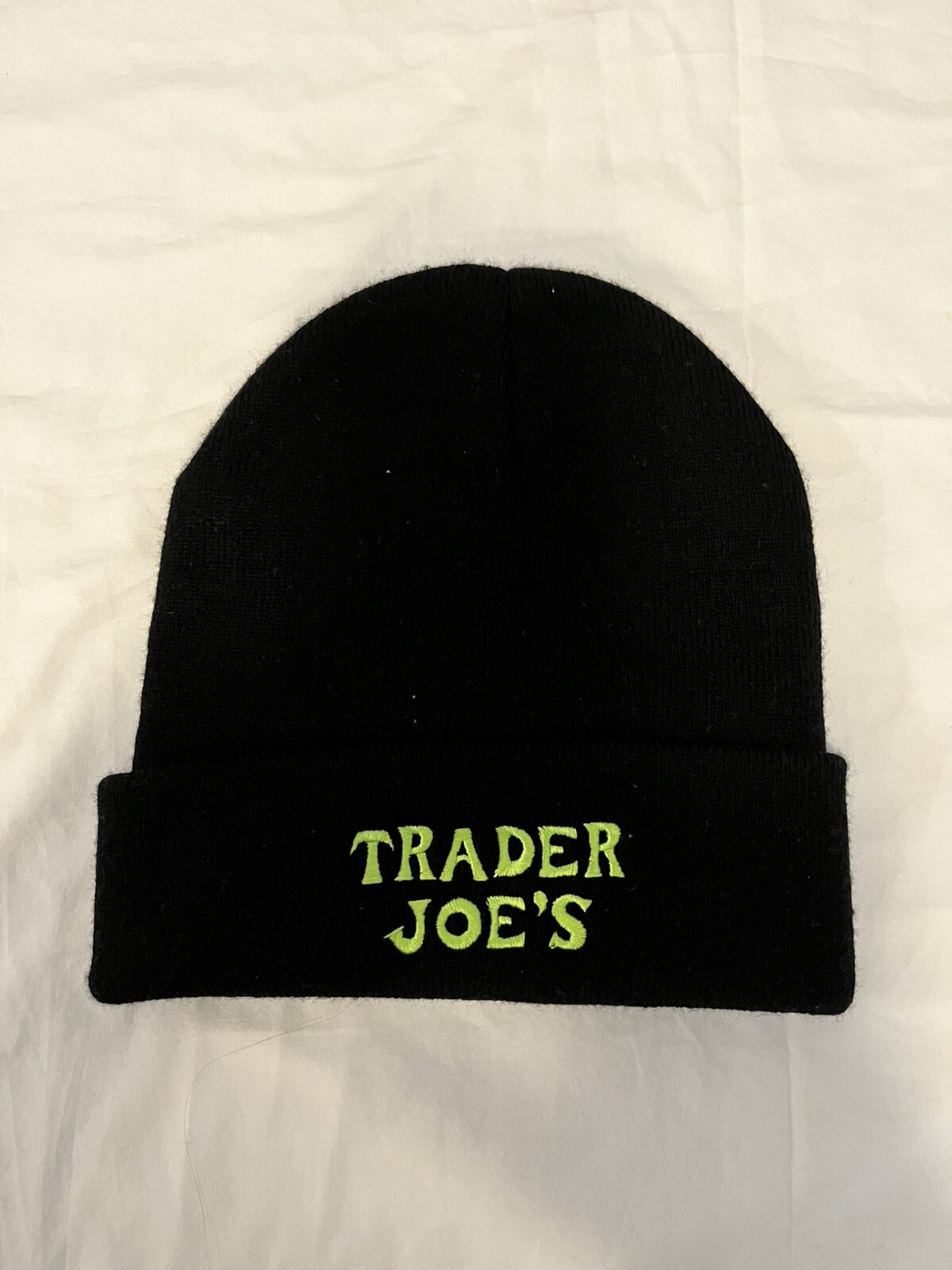Trader Joe's Employee  Beanie Hat Cap Black with Green Letter Embroidery NWOT