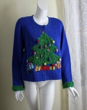 Jack B Quick Sz L Blue Floral 3D Green Frilly Christmas Tree Cardigan Sweater