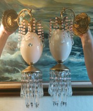 Coppia applique vintage lampada Murano pesca vetro opalino bronzo ottone cristallo e perline