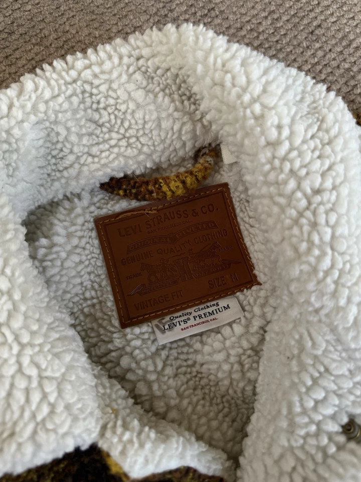 Chaqueta de Camionero Levis Premium Sherpa Mezcla de Lana Para Hombres M Amarilla a Cuadros Ajuste Vintage Foto 4 de 4
