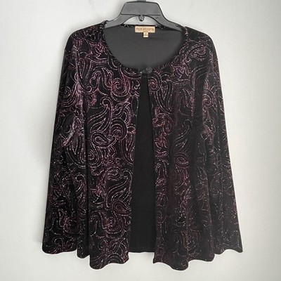 Black Velvet Red Sparkle Top Notations Sz 3X One Piece Cardigan Style Party