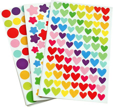 18 Sheets 1512 Pcs Colorful Dot Heart and Star Shape Self Adhesive Stickers, for