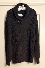 Original Aran Co Men  s Sz M Green Shawl Collar Fisherman Cable Knit Sweater