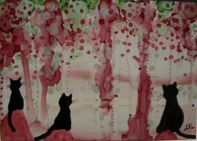 Aceo art PRINT black Cats pink trees by Lynne Kohler 2.5x3.5''