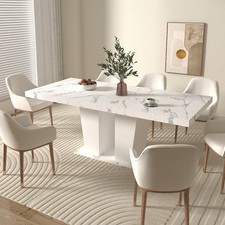 Extendable White Faux Marble Dining Table For 6-10 People