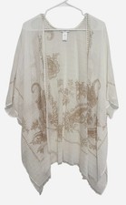 J Jill Embroidered Kimono S-L White Beige Open Front Cotton Boho Beach Coastal