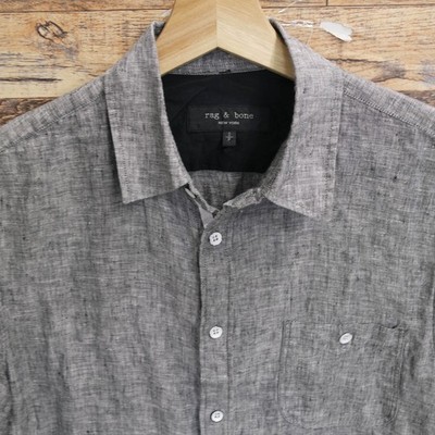 Rag & Bone Linen Shirt Mens S Gray Button Up Short Sleeve Metal button Preppy