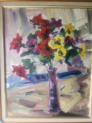 Igor Korotash Original Oil Painting Floral Still Life Flowers in Vase Signed Fra