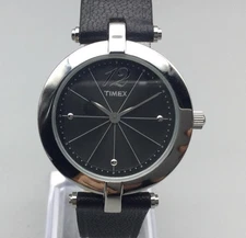 Timex Watch Womens 34mm Black Dial Leather Strap Stainless Steel New Battery