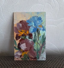 irises original oil painting, bouquet multicolored irises art, small painting