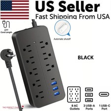 US Power Strip Surge Protector 8 AC Outlets 3 USB Ports  Type C Port 4 FT Cable