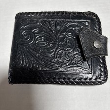 VTG Tooled Leather Wallet Mens Black Bifold Floral Embossed Western Braided Edge