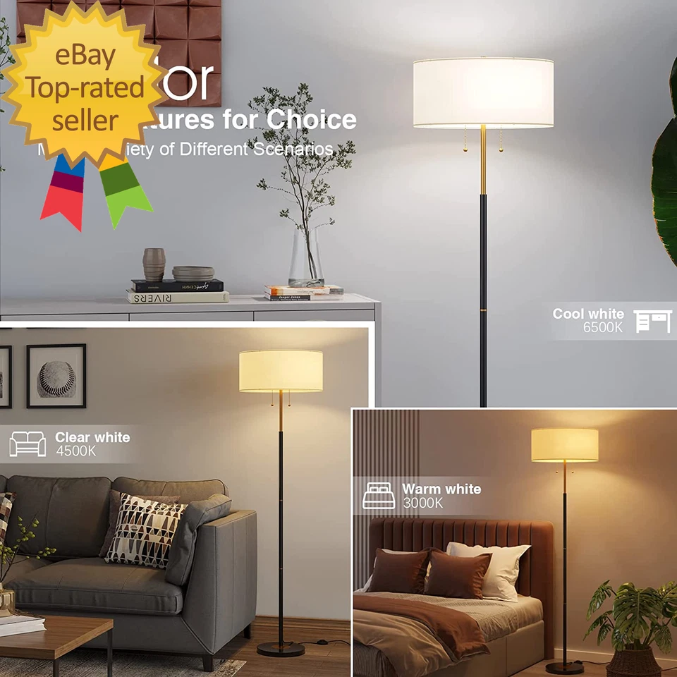 Lámpara de pie de mediados de siglo de 2 luces con pantalla de tela blanca Foto 2 de 4