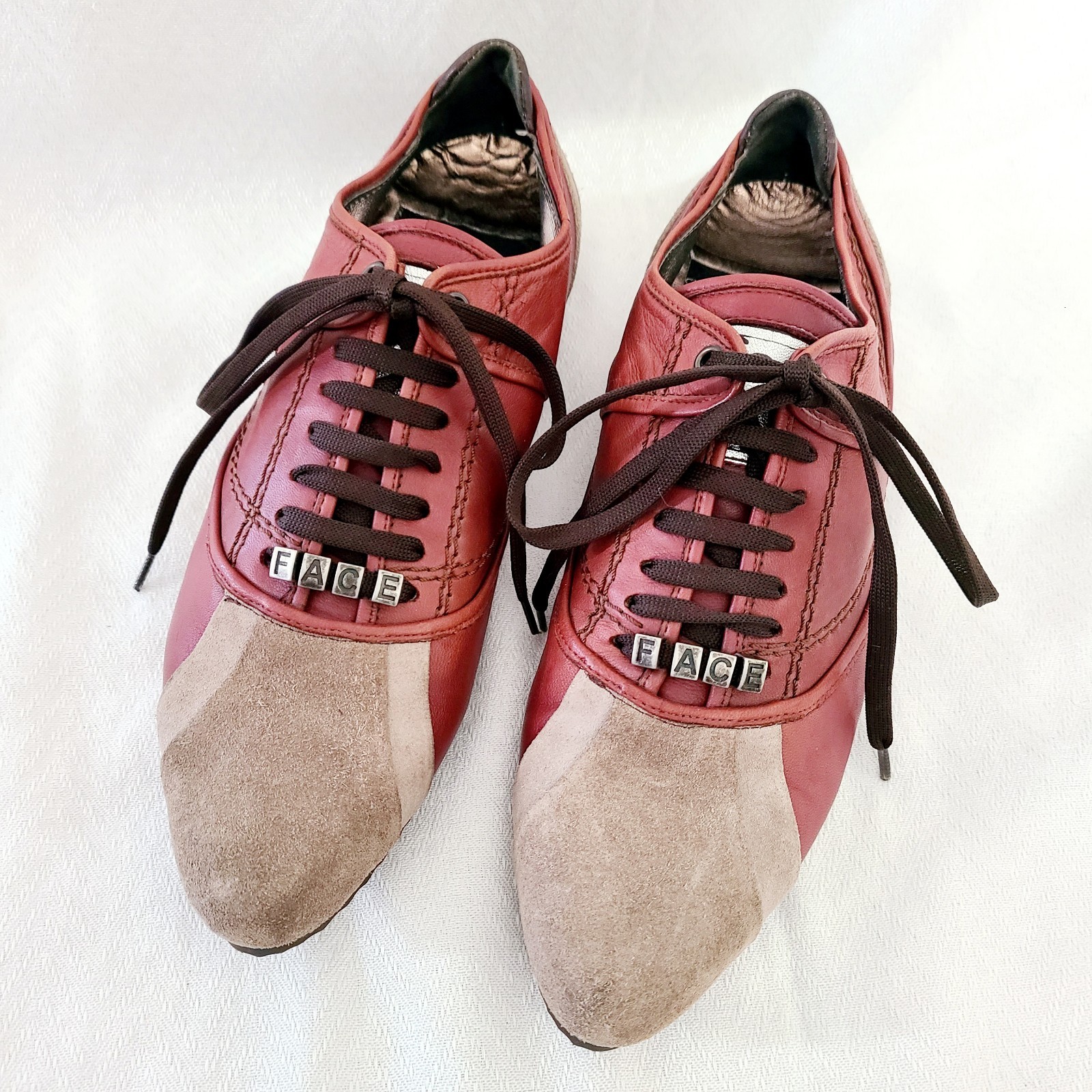 Womens OBELINE Size 9 Leather Bowling Style Fashion Red Brown Tan Suede FACE