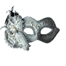 Silver Gray Lace Feathers Embroidered Masquerade Mask Womens Venetian Mask