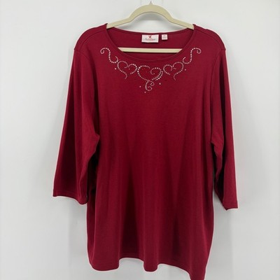 Quacker Factory Womens 2X Red Top Rhinestone Heart 3/4 Sleeve Embellished Shirt