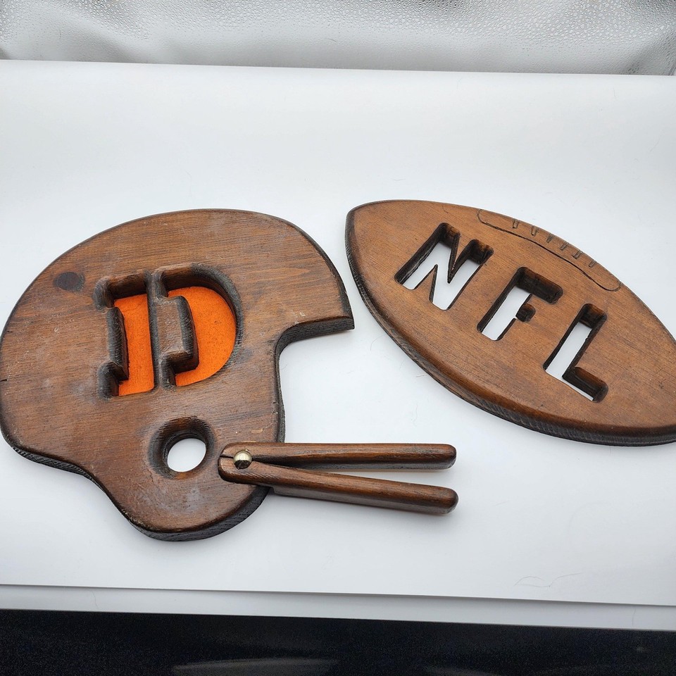 Vintage Handmade Wood NFL Helmet Wall Art Denver Broncos OS Brown 70s Decor
