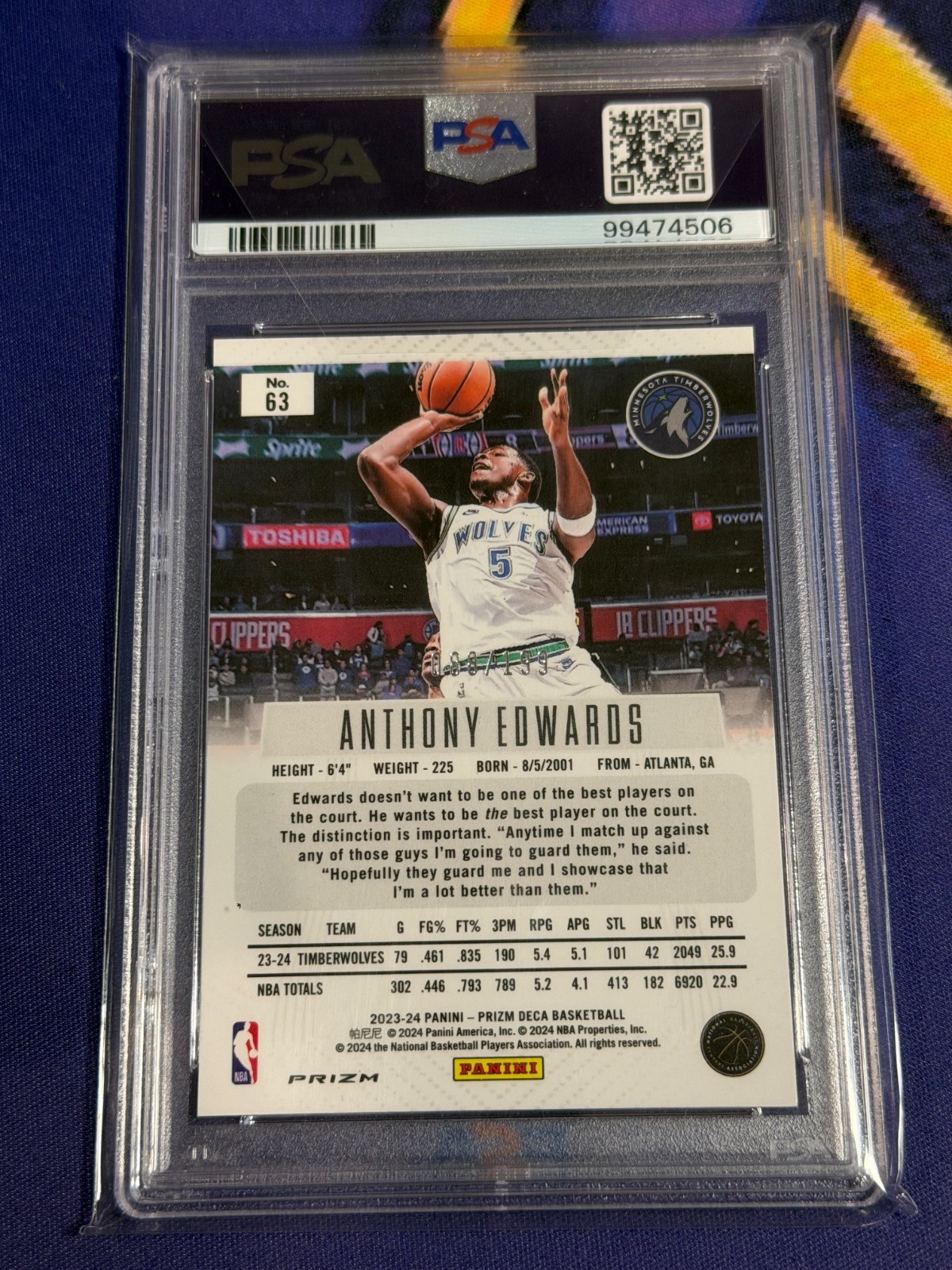 2023 Panini Prizm Anthony Edwards Red Prizm /199 PSA 10 GEM MINT #63 TWolves view 2