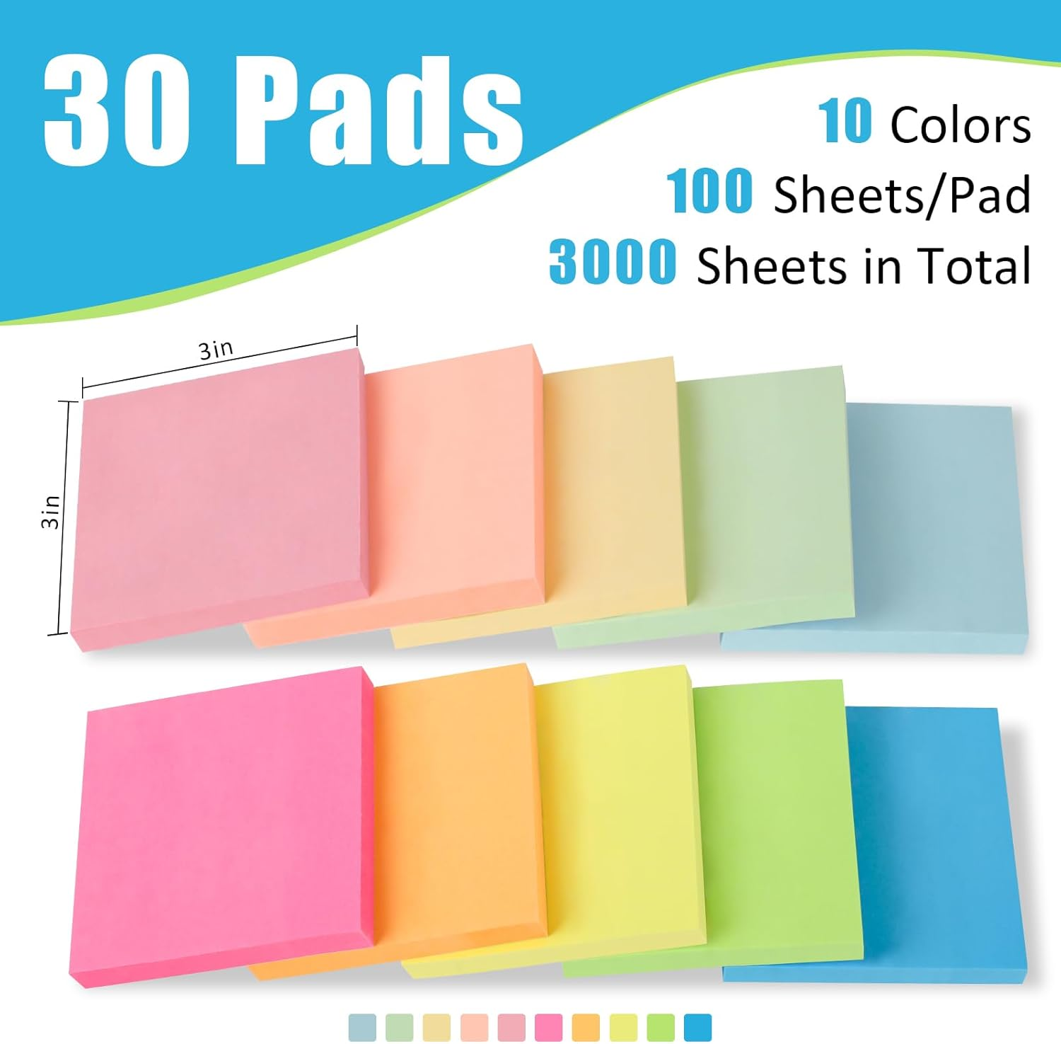 30 Bright Color 3x3 Inch Sticky Note Pads - 30 Pack-image