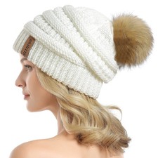 Women Knit Slouchy Beanie Chunky Baggy Hat with Faux Fur Pompom Winter Soft W...